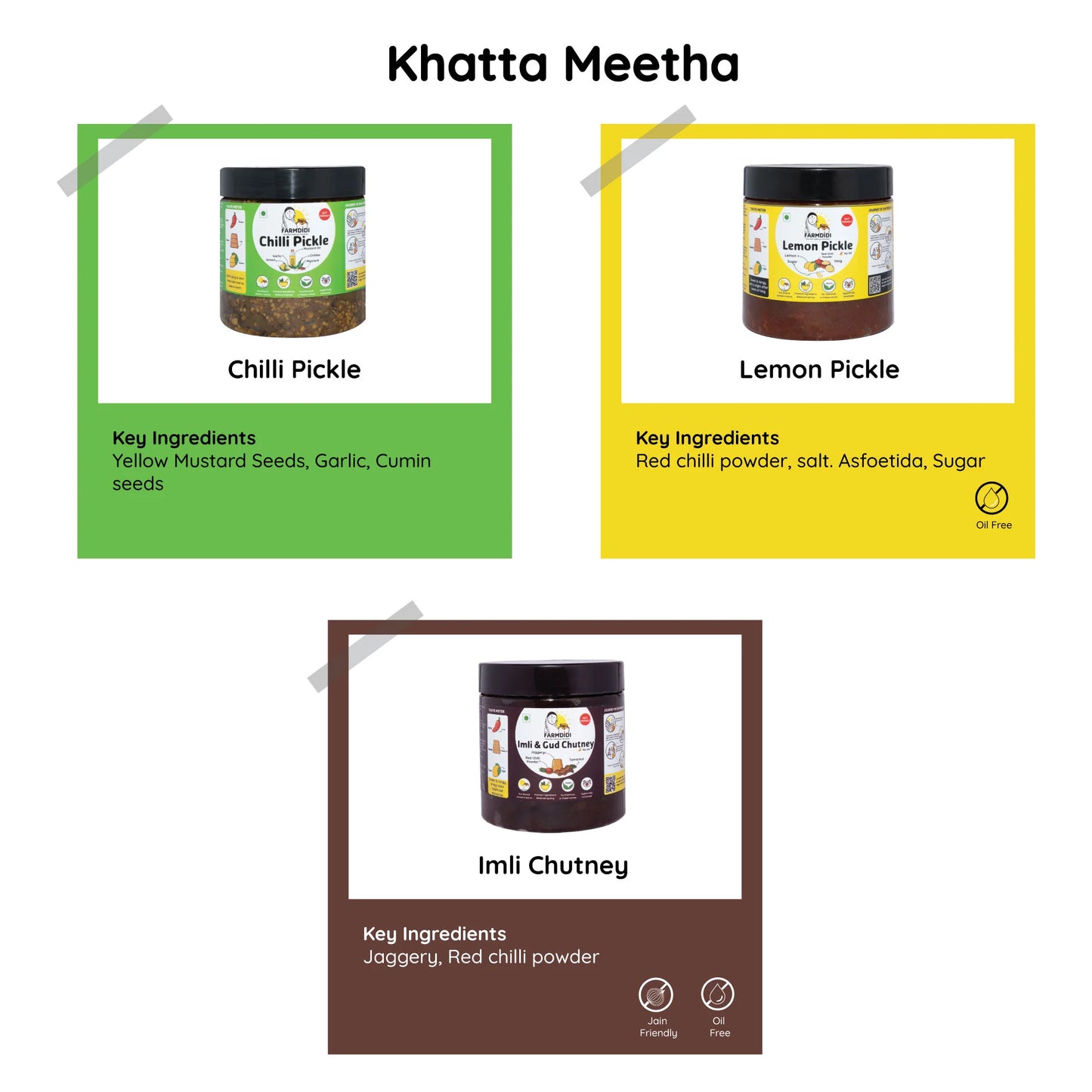 
                  
                    Khatta-Meetha pickle combo, Farmdidi, 5 pack, 325g each
                  
                
