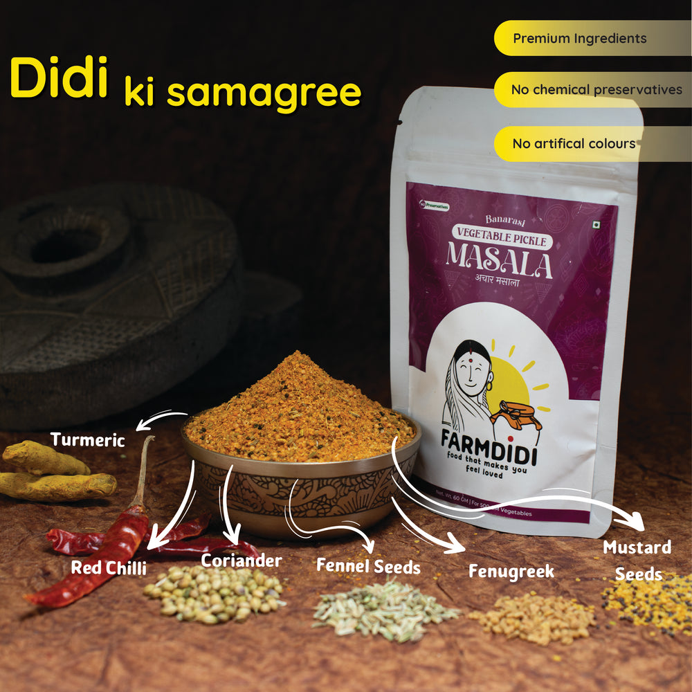 
                  
                    FarmDidi Banarasi Vegetable Pickle Masala key ingredients- turmeric, red chilli, coriander, fennel seeds, fenugreek
                  
                
