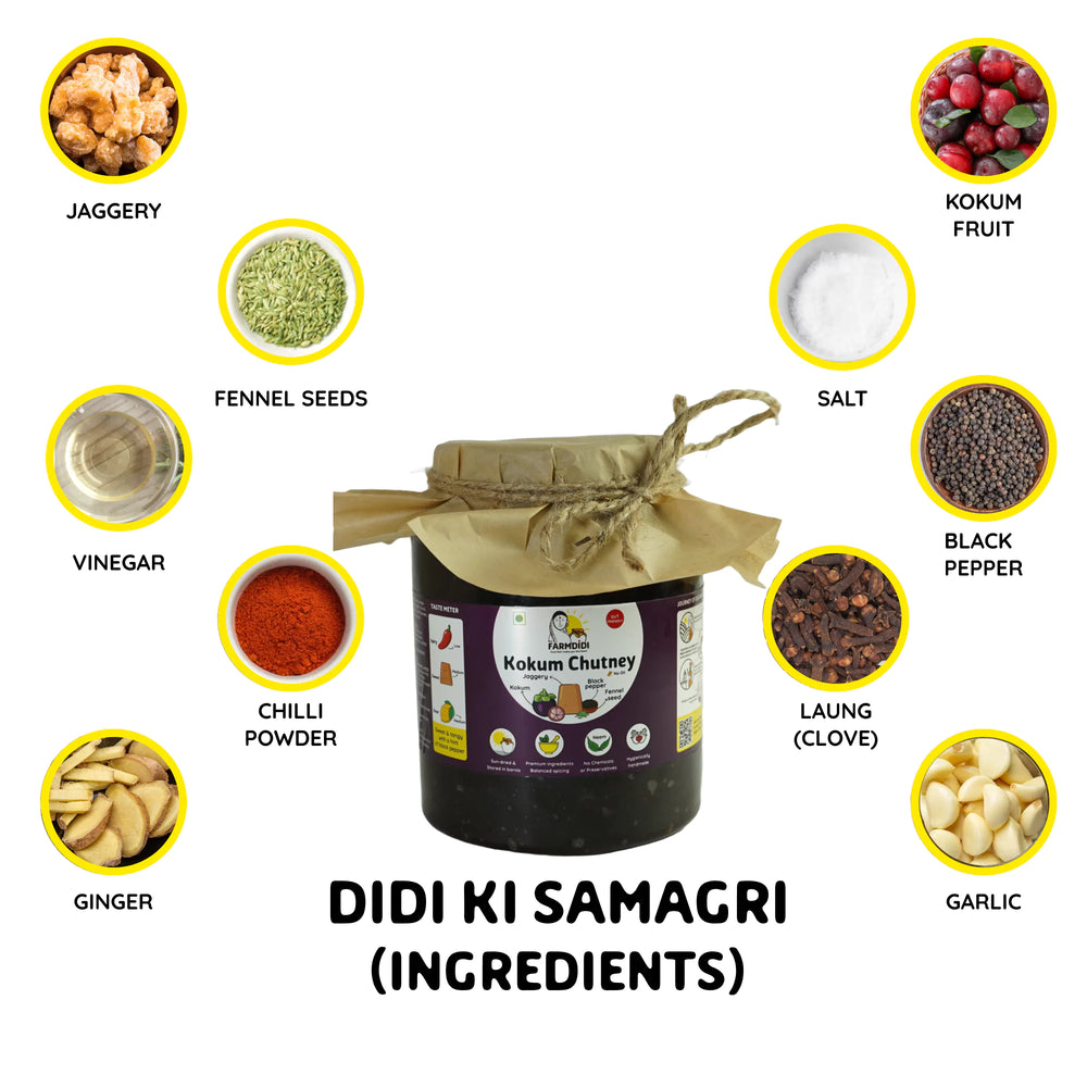 
                  
                    Key ingredients for Famrdidi's Kokum Chutney: Kokum, salt, black pepper, laung, garlic, jaggery, fennel seeds, vinegar, chilli powder and ginger
                  
                