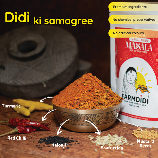 Ingredients for Punjabi Mango Pickle Masala- Turmeric, red chilli, kalonji, asafoetida and mustard seeds