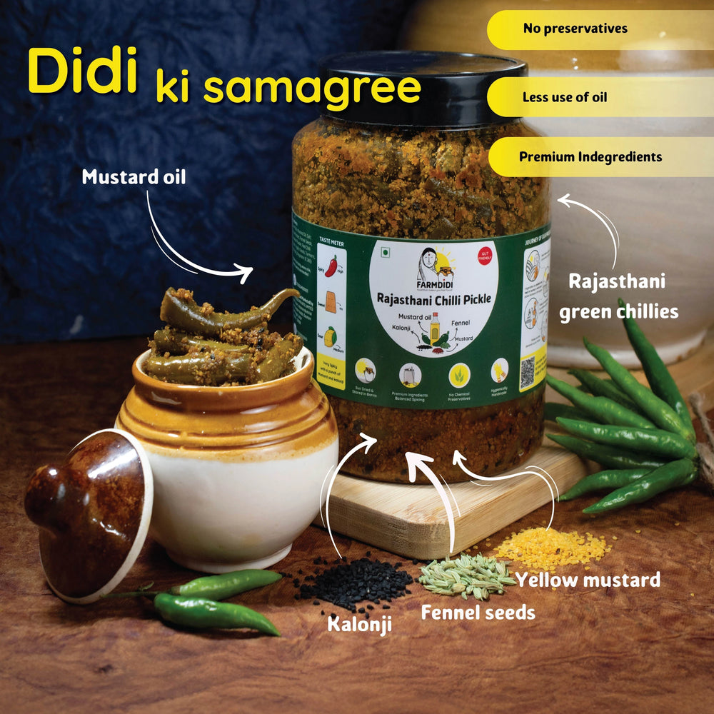 
                  
                    Ingredients for Rajasthani Chilli Pickle by FarmDidi: mustard oil, green chillies, fennel, kalonji, yellow mustard, no preservatives.

                  
                