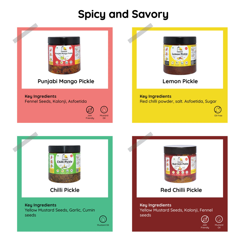 
                  
                    Image showing key ingredients used in the spice overs pack of FarmDidi. The products in the image are four pickles: punjabi mang, lemon, chilli and red chilli
                  
                