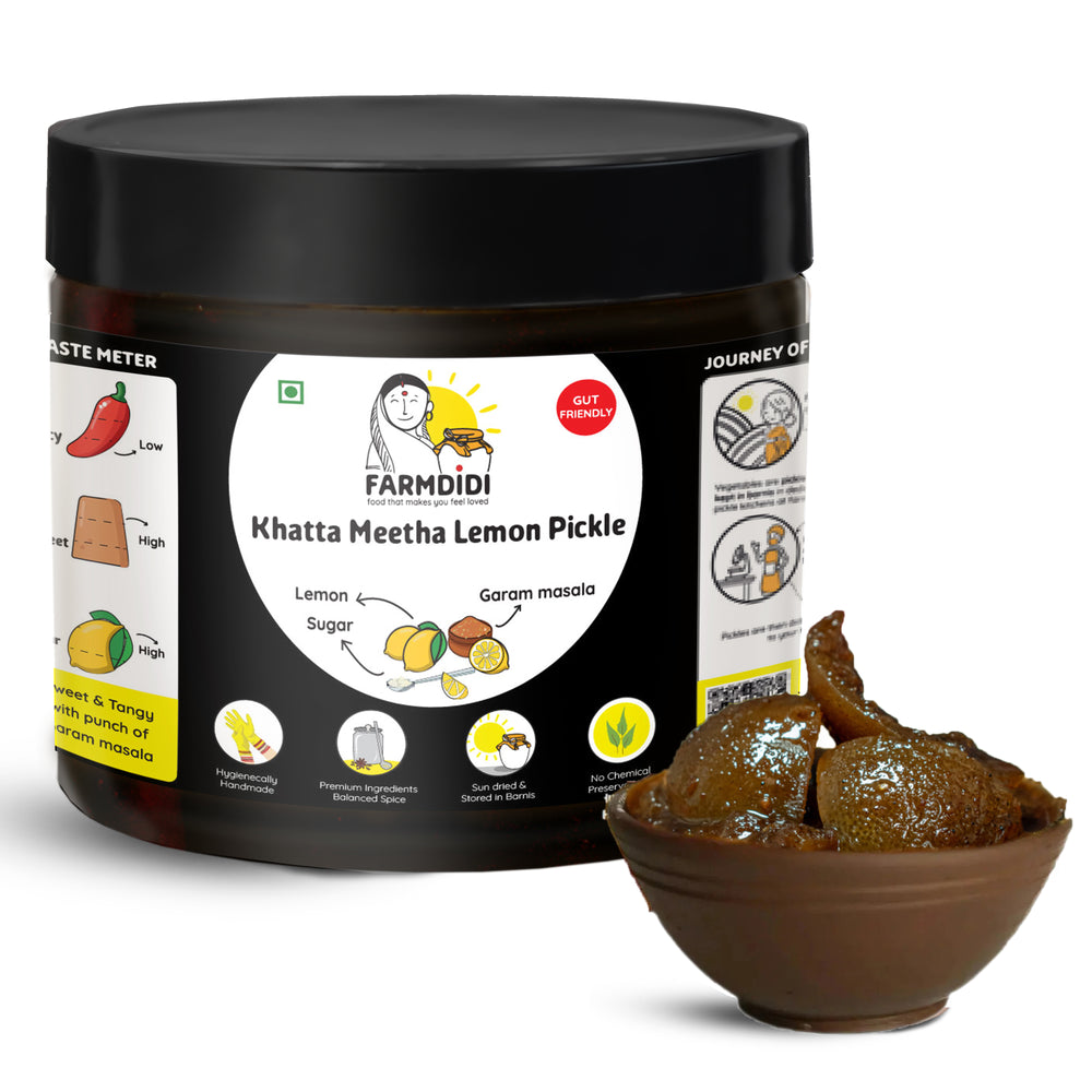 
                  
                    325 grams khatta meetha lemon pickle by FarmDidi. It is oil -free lemon pickle made with premium ingredients.
                  
                