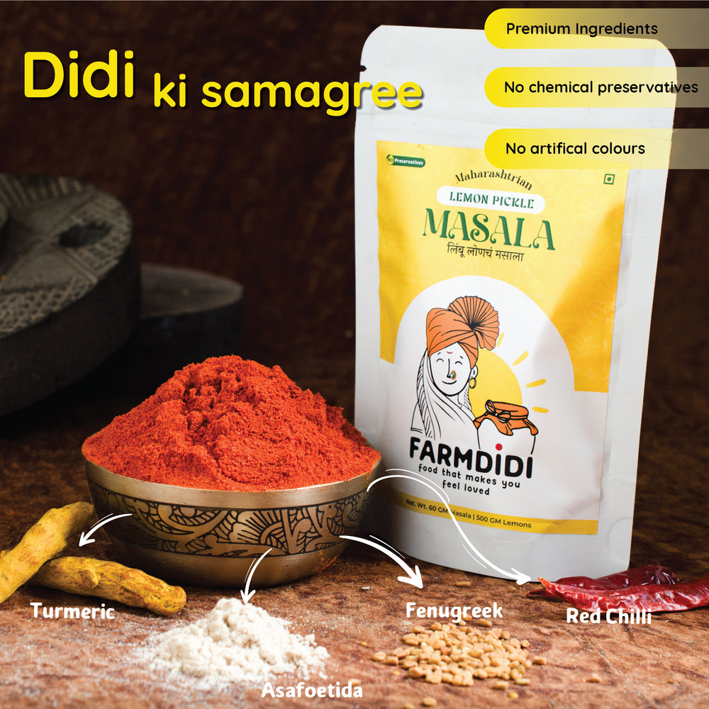 
                  
                    Key ingredients for Lemon Pickle Masala- turmeric, asafoetida, fenugreek and red chillies
                  
                