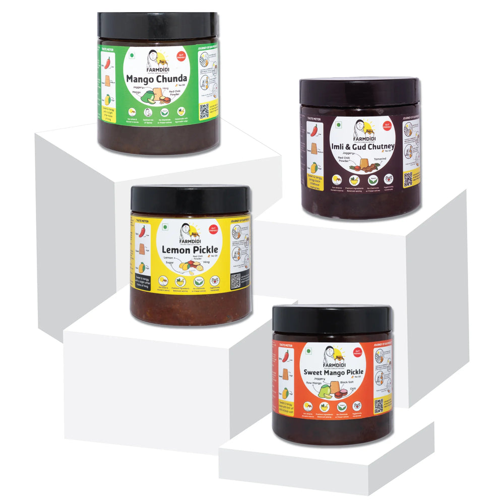 
                  
                    FarmDidi's combo pack of 325 grams each. Pack of four. The products are: Mango Chunda, Imli and Gud Chutney, Lemon Pickle, and Sweet Mango Pickle.
                  
                