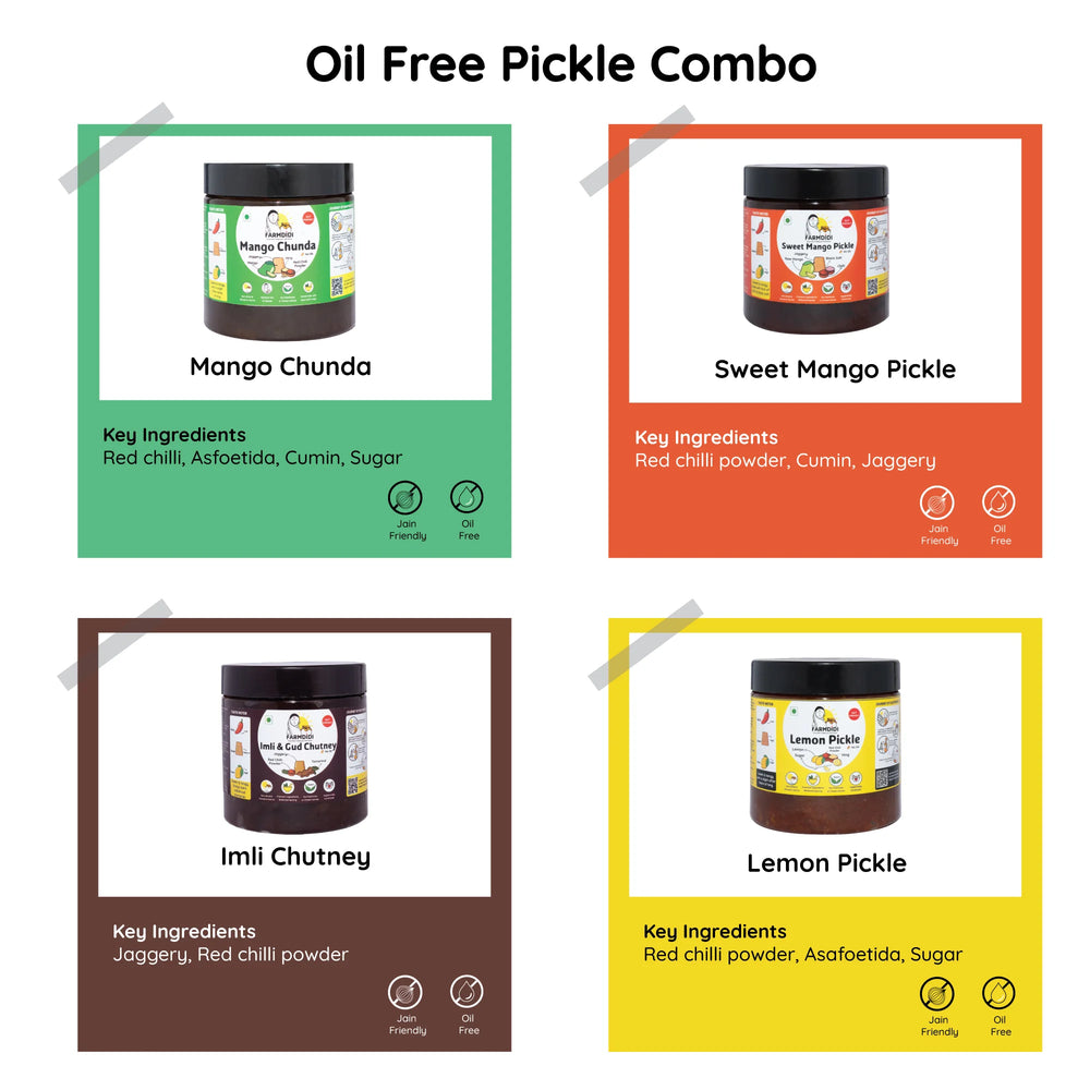 
                  
                    Oil free pickle combo by FarmDidi showing pack of four pickles: mango chunda. sweet mango pickle, imli chutney and lemon pickle.
                  
                