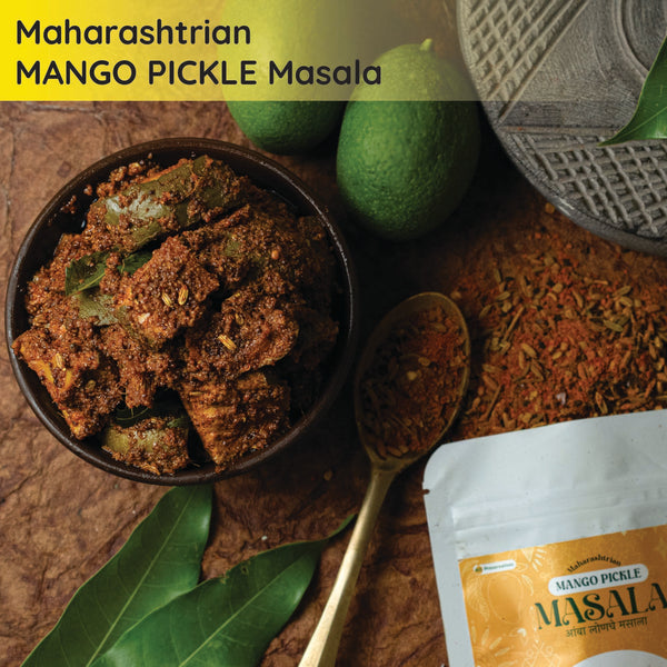 Texture of FarmDidi Mango Pickle Masala with mango pickle, saunf and neem leaves