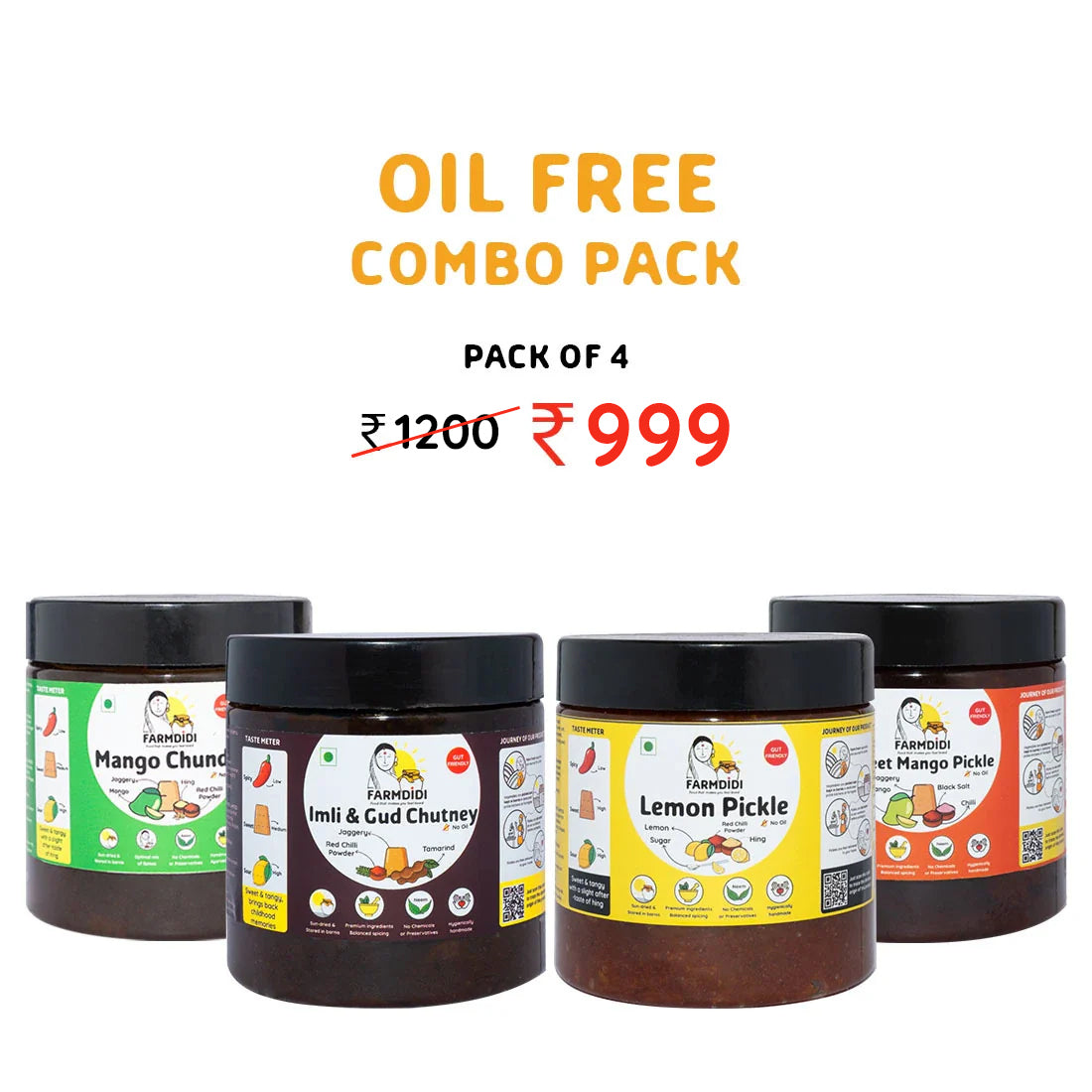 image showing oil free combo pack by FarmDidi. It shows four products: Mango Chunda, Imli and Gud Chutney, Lemon Pickle and Sweet Mango Pickle