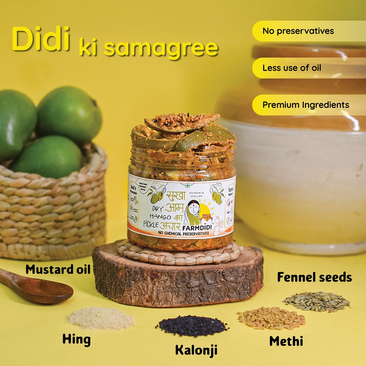 Image showing the spices that are used in the preparation of this pickle. The spices are mustard oil, hing, kalonji, methi dana, fennel seeds.