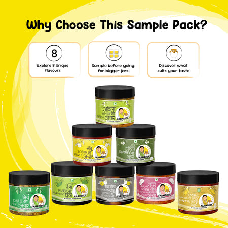 Eight 75g pickle sample pack jars stacked in a pyramid to try flavours before buying bigger jars